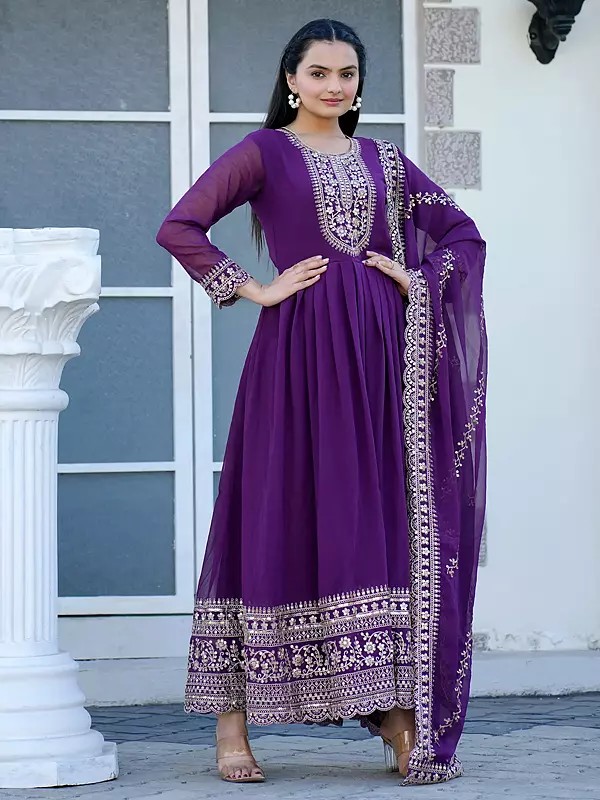 Purple-Jam Georgette Sequins Embroidery Work Festive Wear Anarkali Suit