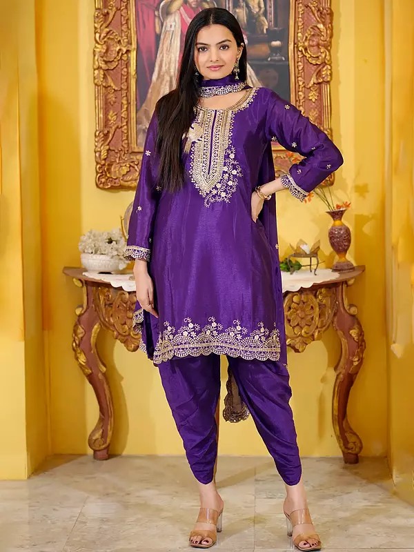 Purple-Iris Chinon Floral Embroidery Work Patiala Salwar Suit With Matching Dupatta