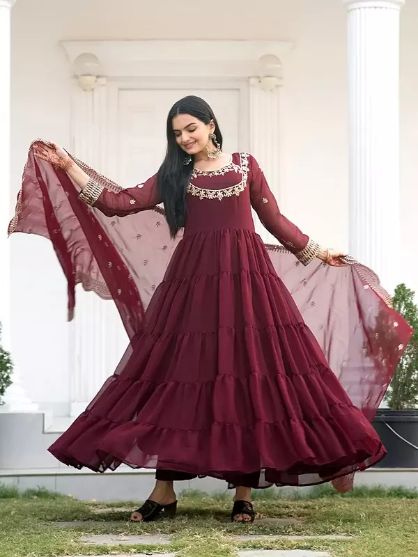 Old-Mauve Georgette Designer Anarkali Style Festive Wear Suit With Dupatta