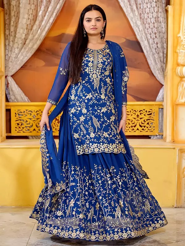 Lapis-Blue Faux Georgette Floral Embroidery Work Kurti Sharara Set