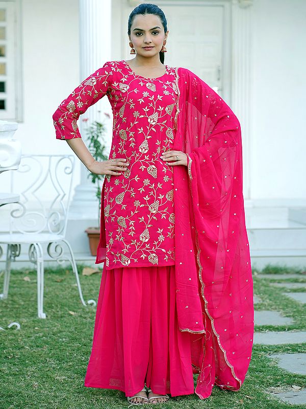 Dogwood-Rose Stunning Floral Embroidery Work Kurta Palazzo Set