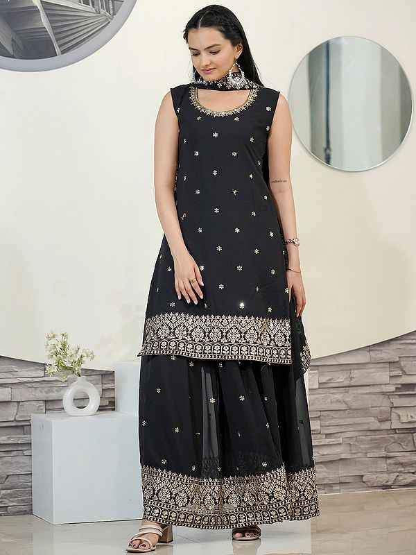 Black Faux Georgette Stunning Embroidery Work Round Neck Kurti Palazzo Set