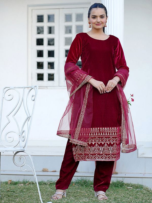 Dark-Scarlet Viscose Velvet Round Neck Stunning Kurta Set With Net Dupatta
