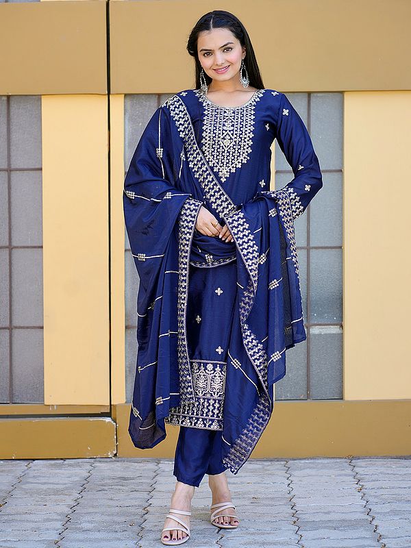 Cloud-Burst Chinon Sequins And Embroidery Work Long Kurta Set