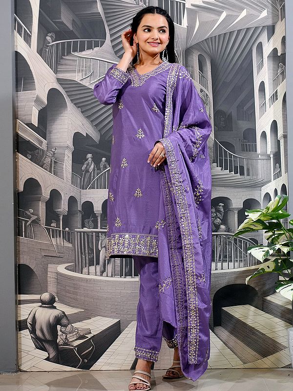 Lavender-Purple Chinon Designer Embroidery Work V-Neck Kurta Set