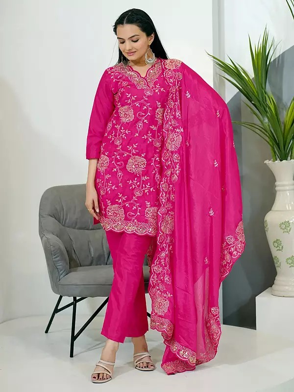 Chinon Sequins And Embroidery Work Designer Kurta Set With Matching Dupatta