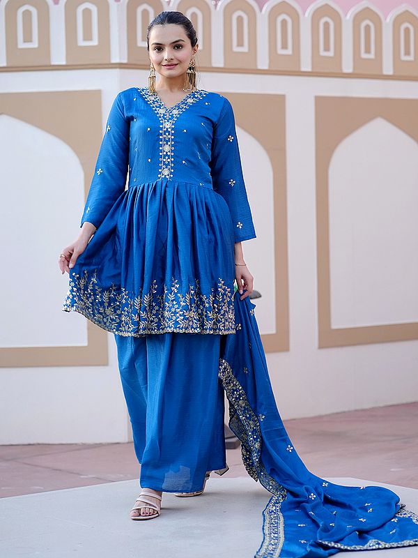 Designer Chinon Sequins And Embroidery Work Kurta Palazzo Set With Dupatta