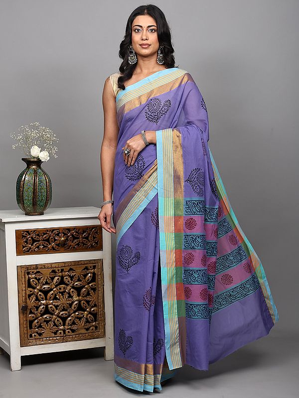 Aster-Purple Cotton Saree with Block Printed Flowers and Zari woven Stripes Border from Tamil Nadu