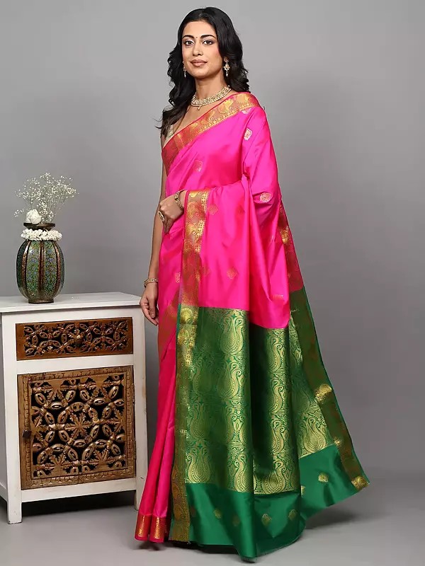 Bright-Pink Temple Border Banarasi Saree with Zari Woven Paisleys and Contrast Pallu