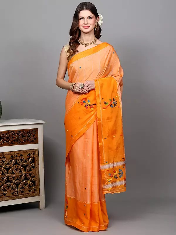 Floral Chedi Butta Saree with Woven Graph Checks and Wide Border from Tamil Nadu