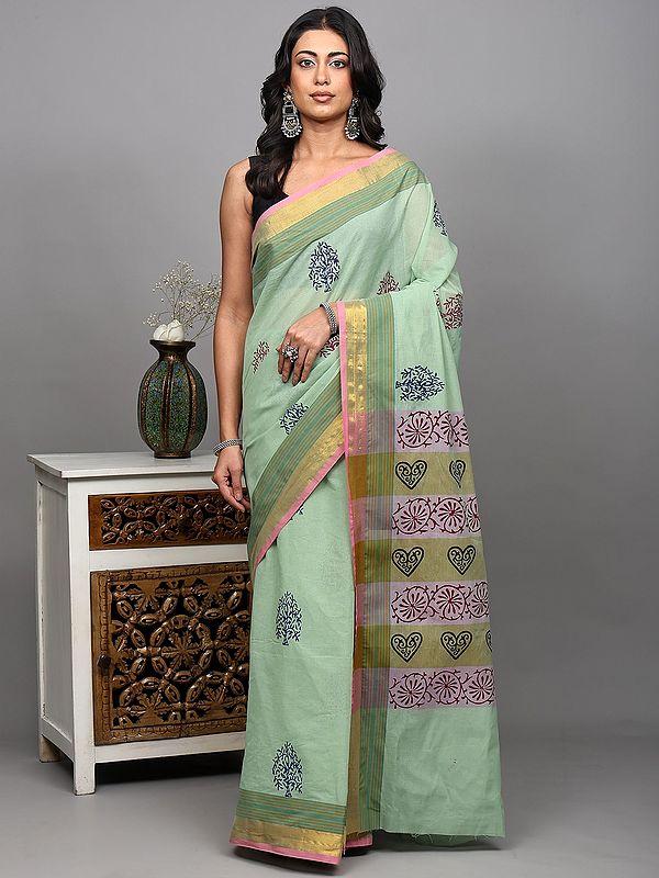 Foam-Green Cotton Saree from Tamil Nadu with Block Printed Trees and Zari Border