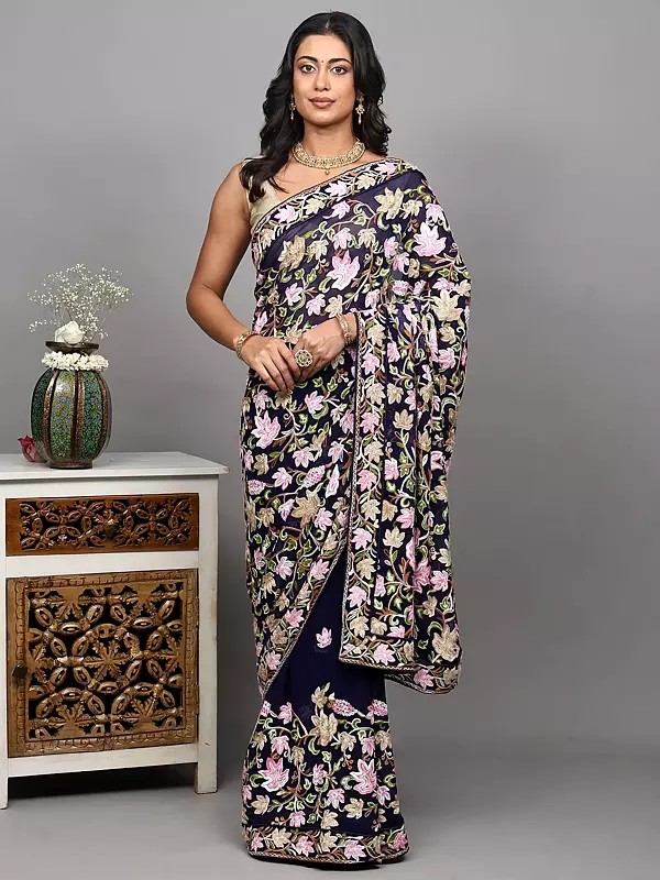 Georgette Saree from Kashmir with Aari Embroidered Maple Vines in Multicolor
