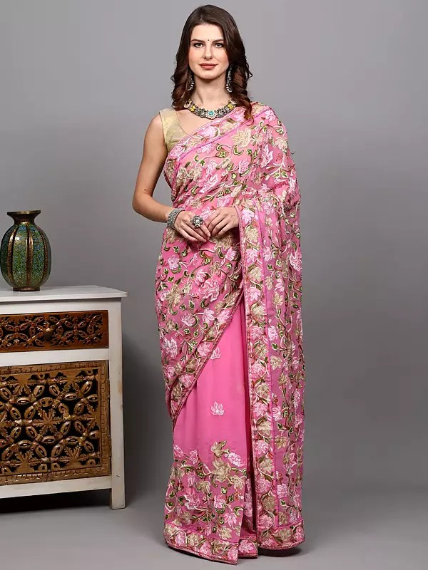 Georgette Saree from Kashmir with Aari Embroidered Maple Vines in Multicolor