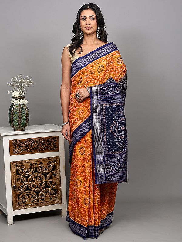 Russet-Orange Pure Cotton Ikat Handloom Saree with Rudraksha Border and Contrast Anchal from Sambhalpur