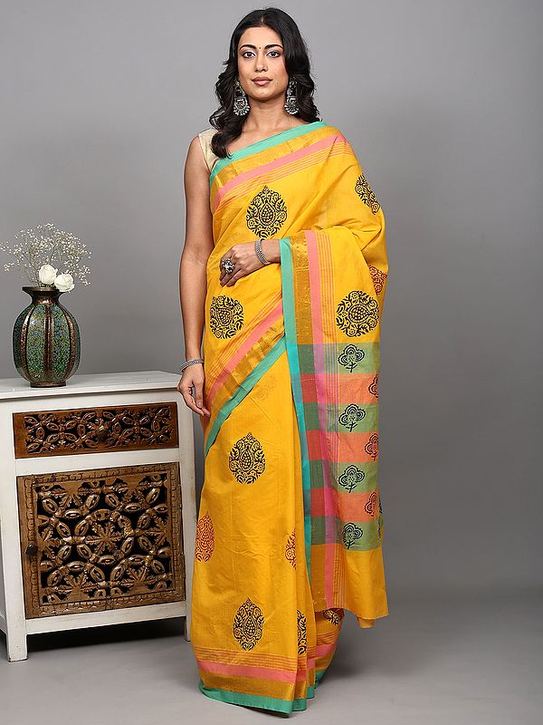 Amber-Yellow Block Printed Cotton Saree with Zari Border and Multi Stripe Pallu from Tamil Nadu