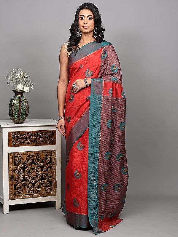 Fiery-Red Art Silk Saree with Woven Floral Motifs All-Over and Stripes Pallu