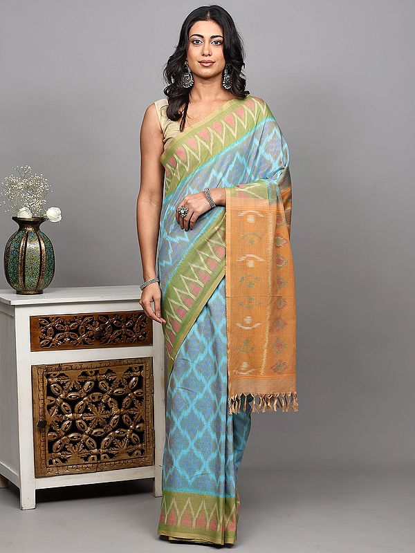 Crystal-Seas Pure Cotton Saree with Ikat Weave and Temple Border from Coimbatore