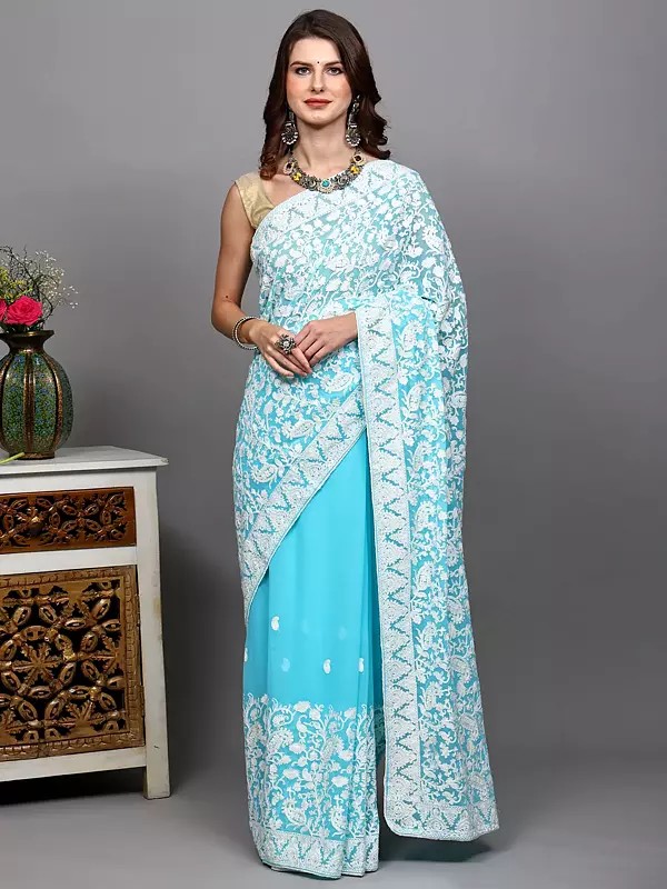 Georgette Saree with Aari Embroidered Flowers and Paisleys Jaal from Kashmir