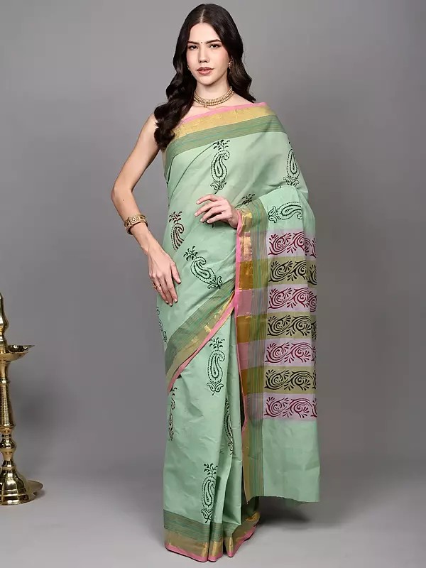 Cotton Saree from Tamil Nadu with Printed Floral Paisley Butta and Zari Border
