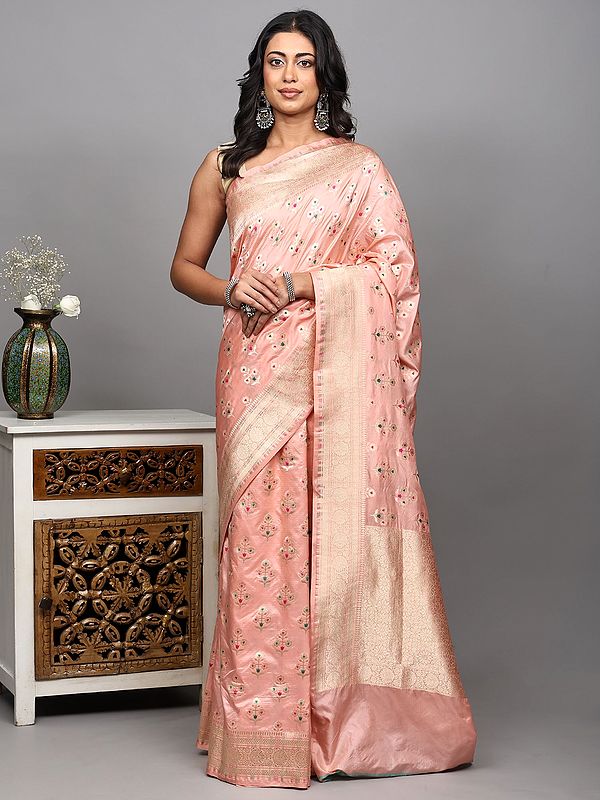 Peach-Rose Pure Silk Banarasi Saree with Brocaded Meenakari Floral Motifs and Zari work
