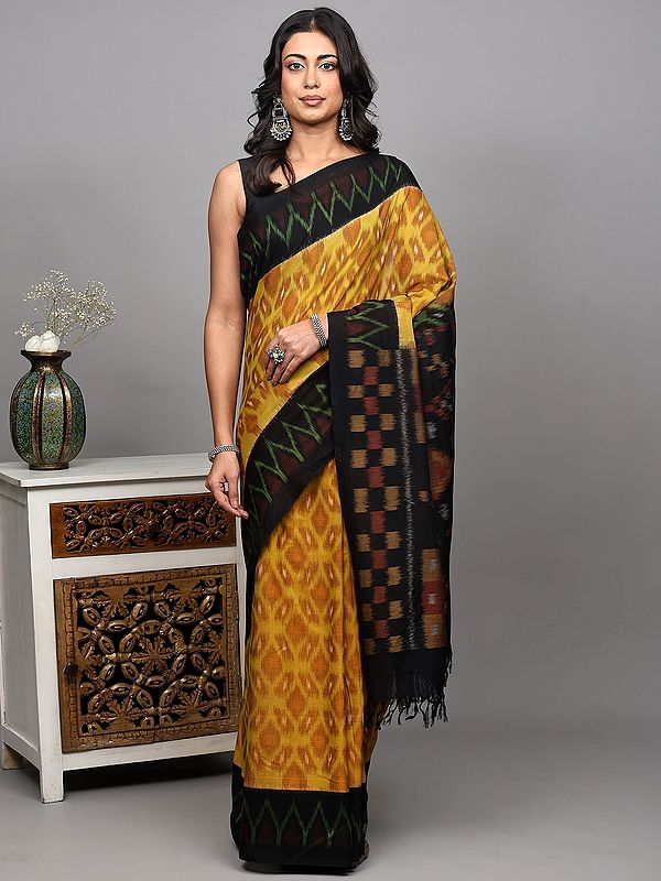 Tawny-Olive Pure Cotton Saree from Coimbatore with All-Over Ikat Weave and Temple Border