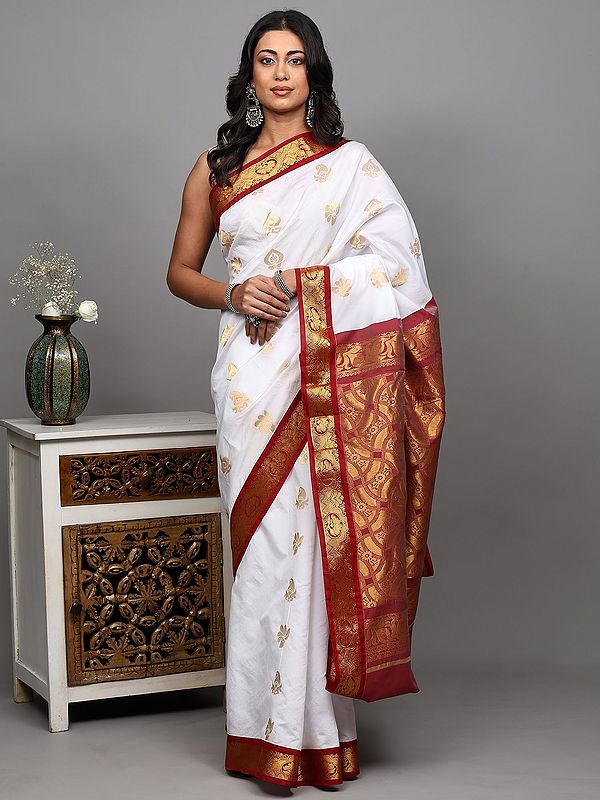 Bright-White Temple Saree with Golden Zari Woven Bootis and Floral Border from Kumbakonam