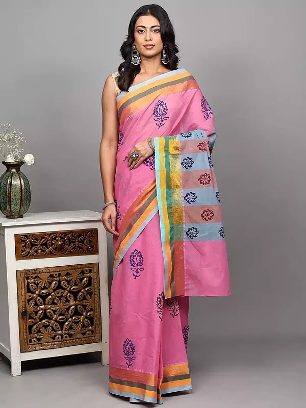 Cotton Saree with Block Printed Floral Motifs and Zari Border from Tamil Nadu