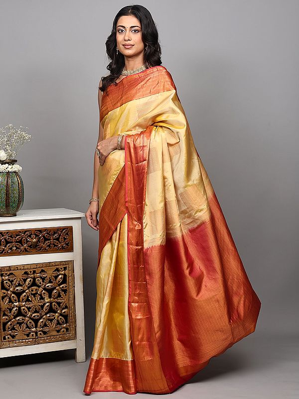Italian-Straw Pure Silk Kanjivaram Saree with Woven Motifs in Copper Colored Thread and Contrast Border-Anchal from Bangalore