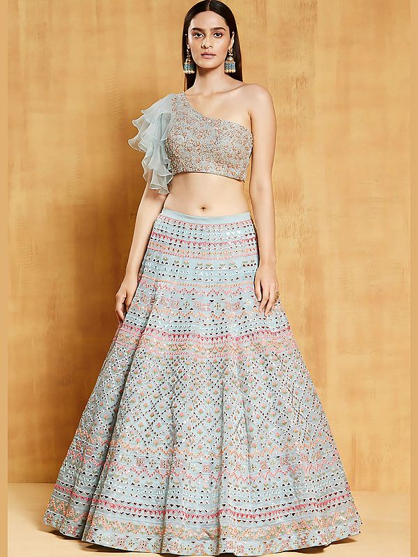 Stunning Cotton Organza Silk Zari Sequins And Embroidery Work Lehenga Choli