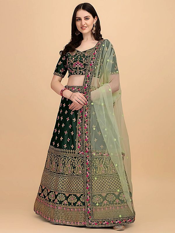 Floral Embroidery And Sequins Work Satin Silk Lehenga Choli With Net Dupatta