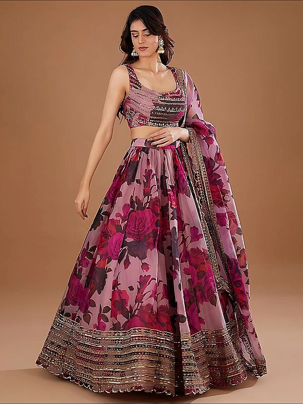 Organza All Over Floral Print And Sequins Work Elegant Party Wear Lehenga Choli