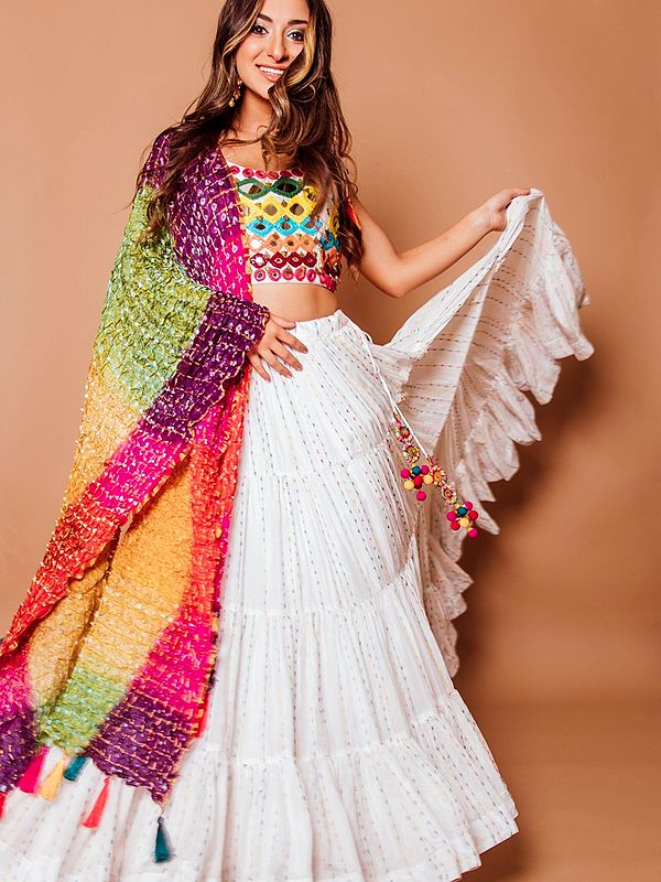 Georgette Thread And Mirror Work Festive Wear Lehenga Choli With Multicolor Chiffon Dupatta