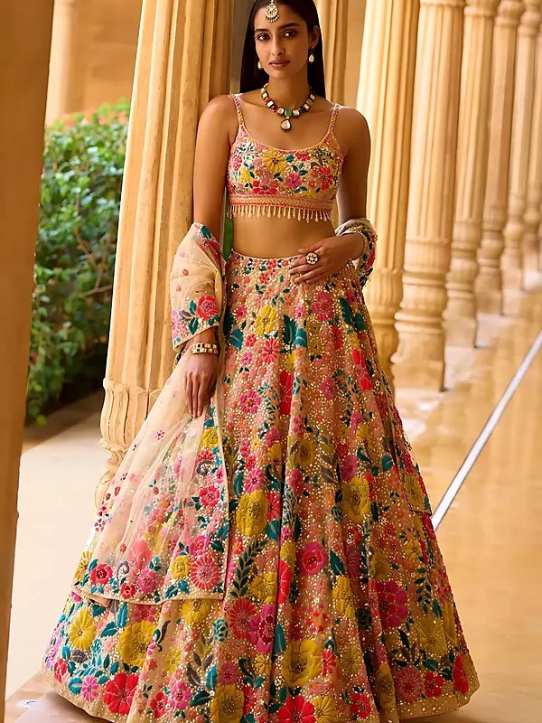 Elegant Multicolor Embroidery And Sequins Work Chinon Silk Lehenga Choli With Net Dupatta