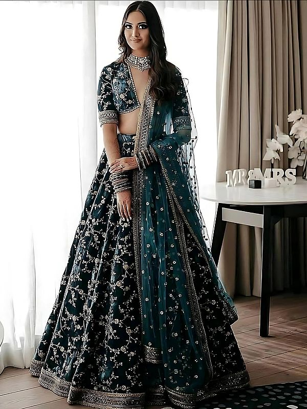 Velvet Designer Sequins Work Party Wear Lehenga Choli With Lace Border Dupatta