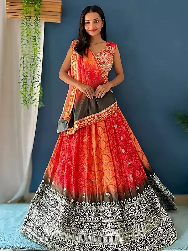 Chinon Silk Digital Print And Embroidery Work Attractive Festive Wear Lehenga Choli