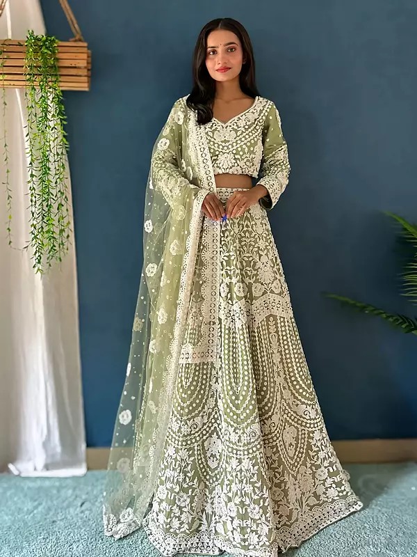 Net Heavy Thread Embroidery Work Stunning Festive Wear Lehenga Choli