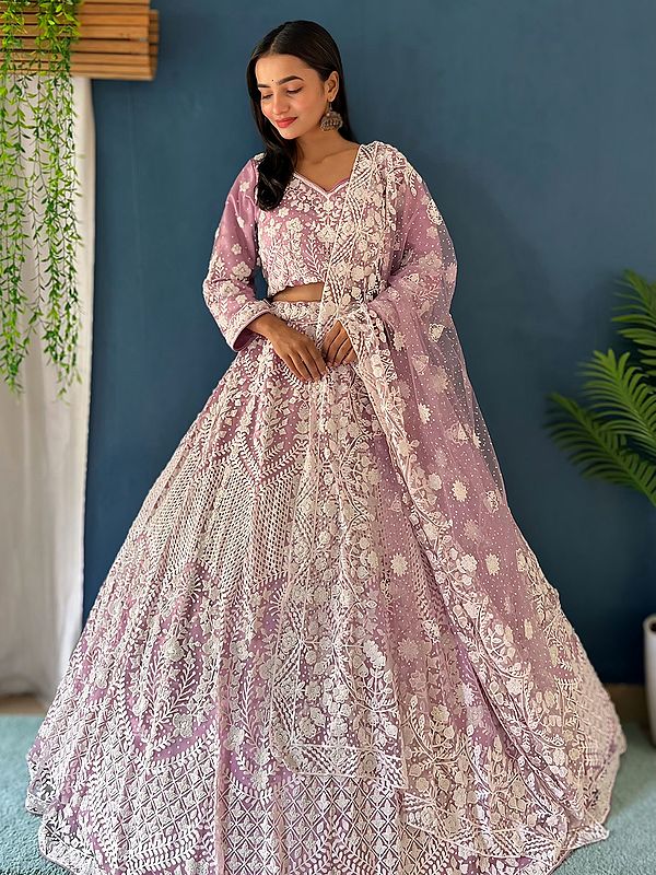 Heavy Floral Thread Embroidery Net Elegant Party Wear Lehenga Choli With Matching Dupatta