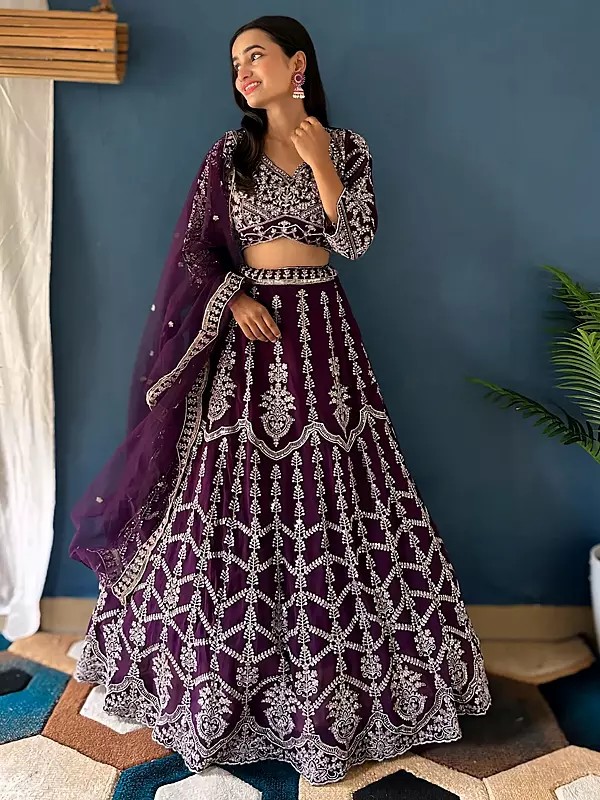 Designer Sequins And Embroidery Work Faux Georgette Lehenga Choli For Wedding Function