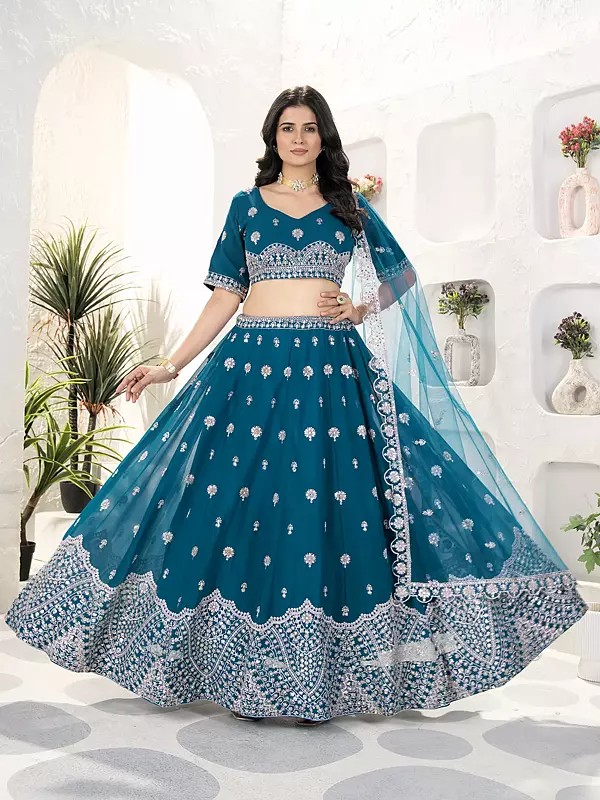 Elegant Embroidery And Sequins Work Party Wear Faux Georgette Lehenga Choli With Dupatta