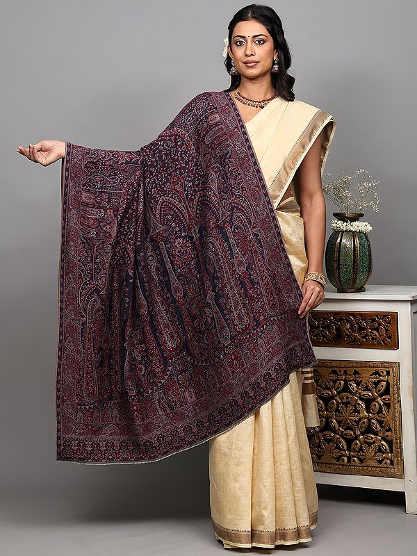 Patriot-Blue Two-Ply Reversible Kani Shawl with Woven Paisleys and Flowers All-Over