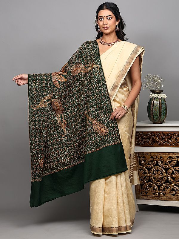 Bistro-Green Pure Wool Shawl with Sozni Hand-Embroidered Paisleys and Central Chakra from Srinagar