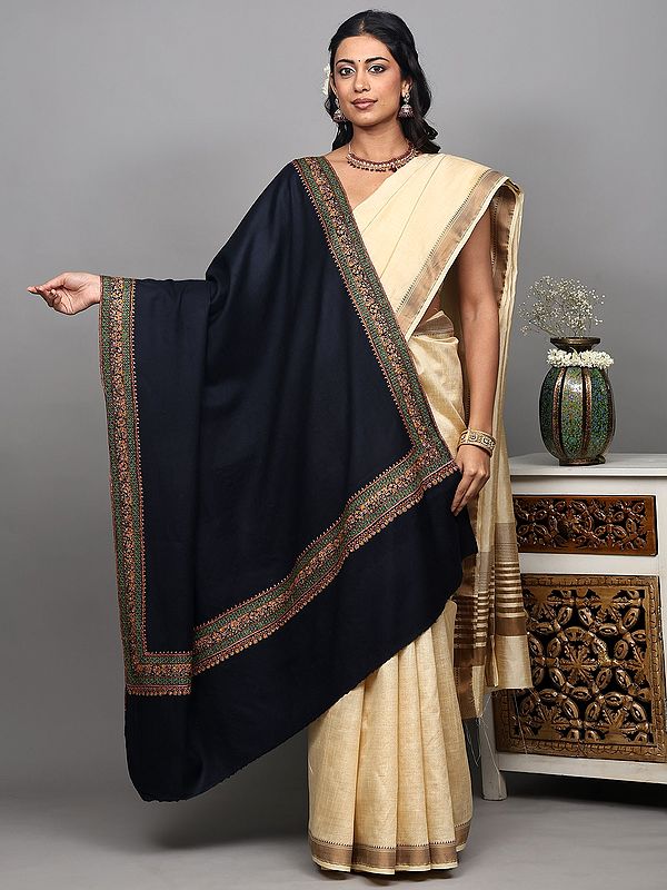Evening-Blue Pure Wool Plain Shawl from Kashmir with Sozni Embroidered Border by Hand