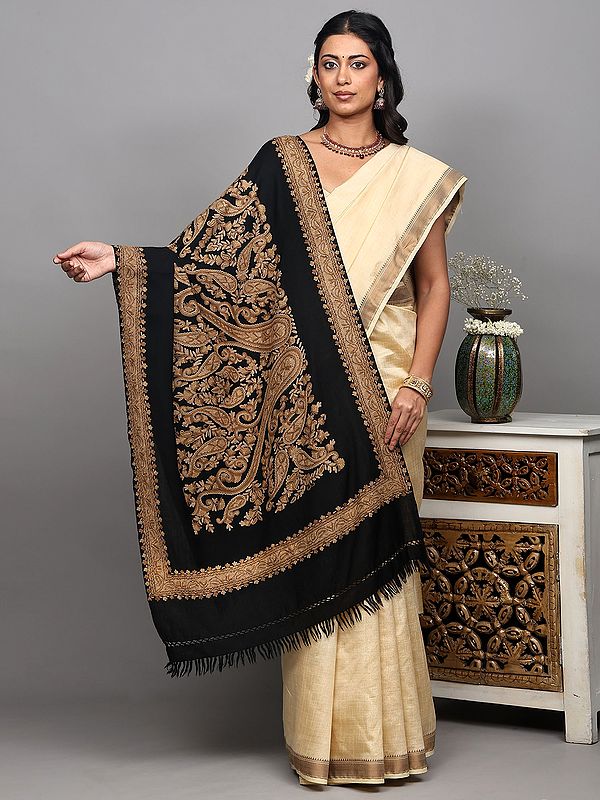 Black-Onyx Pure Wool Kashmiri Stole with Paisley and Flower Aari Hand Embroidery