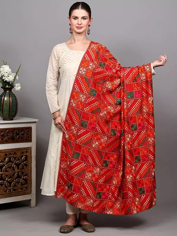 Phulkari Dupatta from Punjab with Multicolor Thread Embroidery All-Over