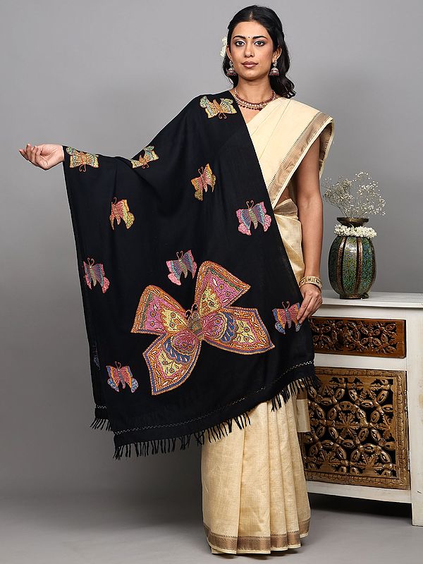 Pure Wool Stole from Kashmir with Aari Hand-Embroidered Butterflies