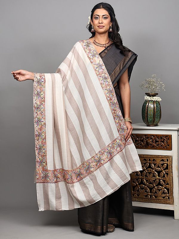 Cream and Brown Stripes Pure Wool Shawl with Multi-Thread Embroidered Floral Border from Kashmir