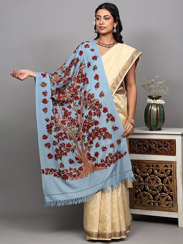 Pure Wool Stole with Aari Hand Embroidered Maple Tree from Kashmir