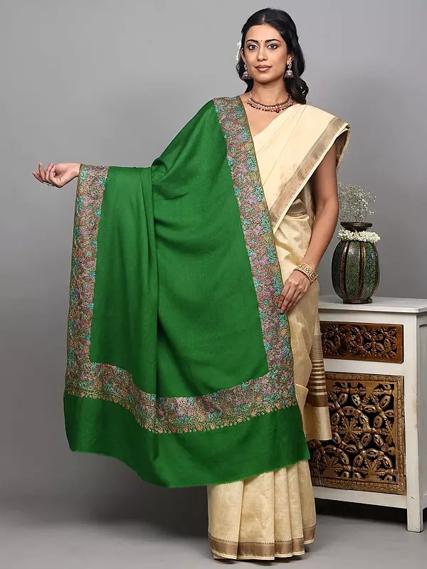 Mint-Green Pure Wool Kashmiri Shawl with Sozni Hand-Embroidered Phool Bail Border