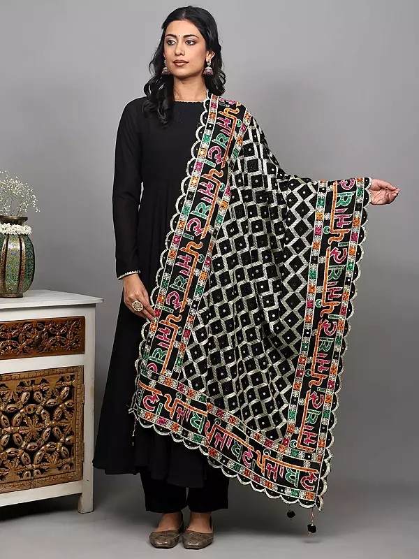Black-Onyx Punjaban Phulkari Dupatta with Heavy Thread Embroidery from Punjab and Bead-Mirror Work