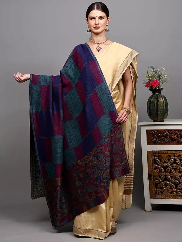 Two-Ply Reversible Ikat Shawl with Multicolor Checks and Floral Palla from Amritsar